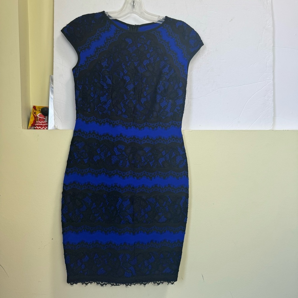 Tadashi Shoji Lace Cocktail Dress Short Sleeve Sheath Pencil Skirt Color Block 2 - Picture 3 of 16